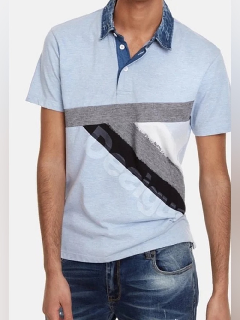 Desigual- blue Light Blue Short-Sleeve Polo Shirt with Graphic Panel